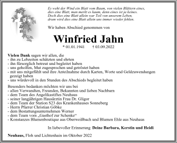 Traueranzeige von Winfried Jahn von Südthüringer Presse