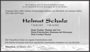 Traueranzeige von Helmut Schulz von Südthüringer Presse