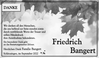 Traueranzeige von Friedrich Bangert von Südthüringer Presse