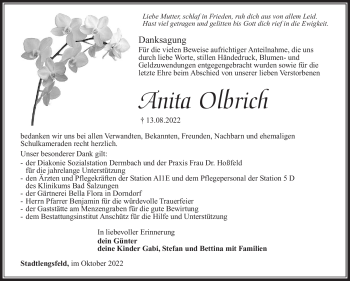 Traueranzeige von Anita Olbrich von Südthüringer Presse