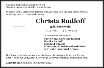 Traueranzeige von Christa Rudloff von Südthüringer Presse