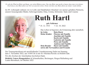 Traueranzeige von Ruth Hartl von Südthüringer Presse