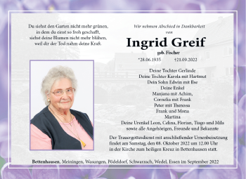 Traueranzeige von Ingrid Greif von Südthüringer Presse