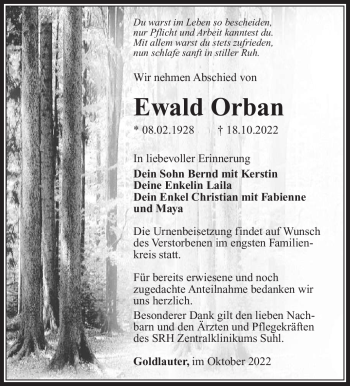 Traueranzeige von Ewald Orban von Südthüringer Presse