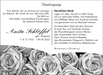 Traueranzeige von Anita Schöffel von Südthüringer Presse