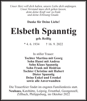 Traueranzeige von Elsbeth Spanntig von Südthüringer Presse