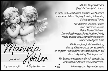 Traueranzeige von Manuela Köhler von Südthüringer Presse