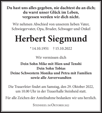 Traueranzeige von Herbert Siegmund von Südthüringer Presse