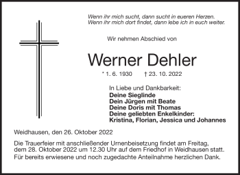 Traueranzeige von Werner Dehler von Neue Presse Coburg