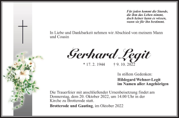 Traueranzeige von Gerhard Legit von Südthüringer Presse