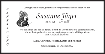 Traueranzeige von Susanne Jäger von Südthüringer Presse