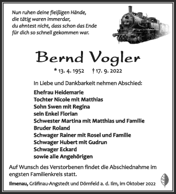 Traueranzeige von Bernd Vogler von Südthüringer Presse