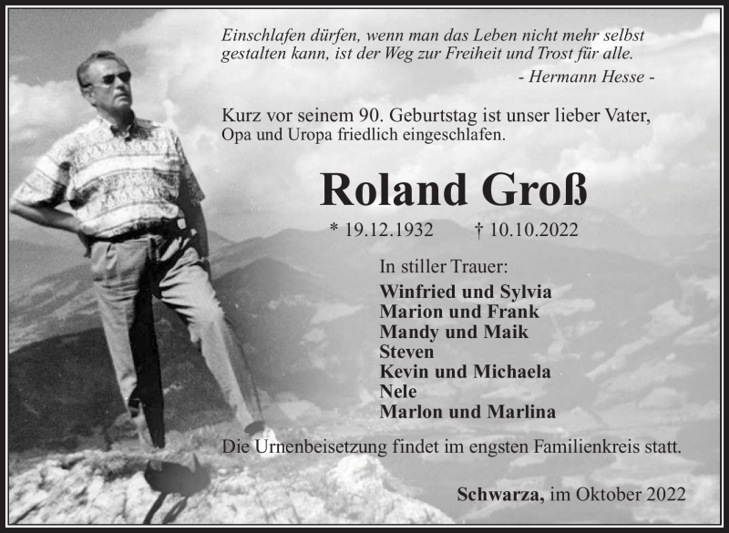  Traueranzeige für Roland Groß vom 22.10.2022 aus Südthüringer Presse