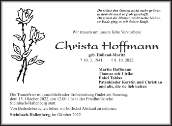 Traueranzeige von Christa Hoffmann von Südthüringer Presse