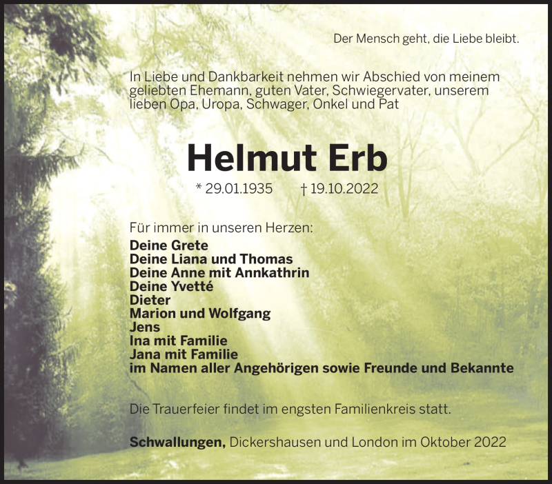  Traueranzeige für Helmut Erb vom 22.10.2022 aus Südthüringer Presse