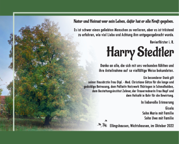 Traueranzeige von Harry Stedtler von Südthüringer Presse