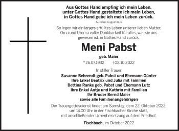 Traueranzeige von Meni Pabst von Südthüringer Presse