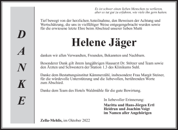 Traueranzeige von Helene Jäger von Südthüringer Presse