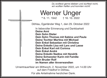 Traueranzeige von Werner Unger von Frankenpost