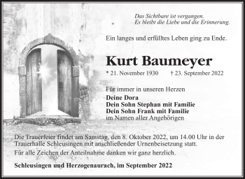 Traueranzeige von Kurt Baumeyer von Südthüringer Presse