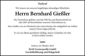 Traueranzeige von Bernhard Gießler von Südthüringer Presse