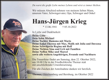 Traueranzeige von Hans-Jürgen Krieg von Südthüringer Presse