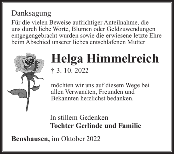 Traueranzeige von Helga Himmelreich von Südthüringer Presse