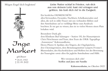 Traueranzeige von Inge Markert von Südthüringer Presse