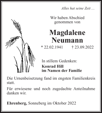 Traueranzeige von Magdalene Neumann von Südthüringer Presse