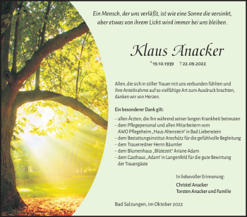 Traueranzeige von Klaus Anacker von Südthüringer Presse