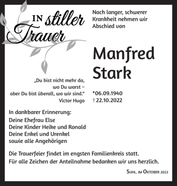 Traueranzeige von Manfred Stark von Südthüringer Presse