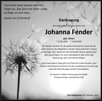 Traueranzeige von Johanna Fender von Südthüringer Presse