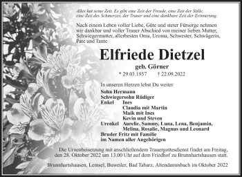 Traueranzeige von Elfriede Dietzel von Südthüringer Presse