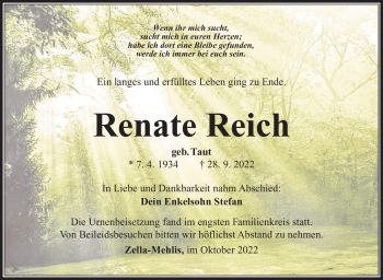 Traueranzeige von Renate Reich von Südthüringer Presse