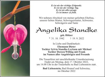 Traueranzeige von Angelika Standke von Südthüringer Presse