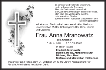 Traueranzeige von Anna Mranowatz von Frankenpost