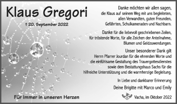 Traueranzeige von Klaus Gregori von Südthüringer Presse