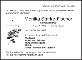 Traueranzeige von Monika Starke-Fischer von Frankenpost