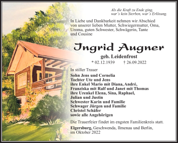 Traueranzeige von Ingrid Augner von Südthüringer Presse