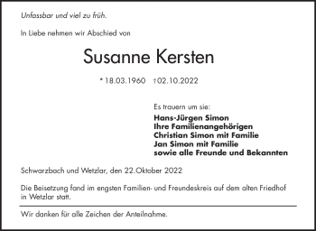Traueranzeige von Susanne Kersten von Südthüringer Presse