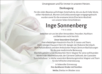Traueranzeige von Inge Sonnenberg von Südthüringer Presse