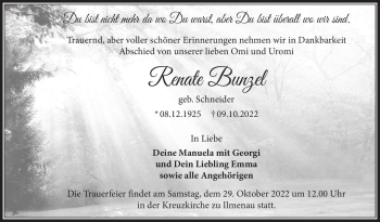 Traueranzeige von Renate Bunzel von Südthüringer Presse