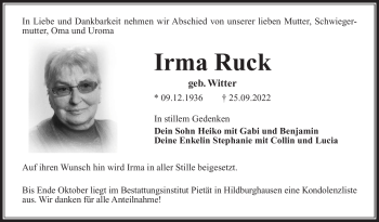 Traueranzeige von Irma Ruck von Südthüringer Presse