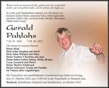 Traueranzeige von Gerald Pahlas von Südthüringer Presse