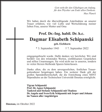 Traueranzeige von Dagnmar Schipanski von Südthüringer Presse