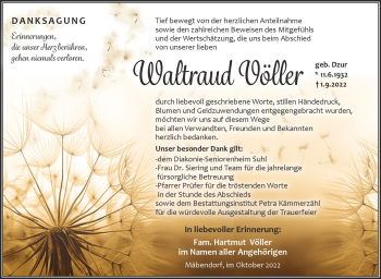Traueranzeige von Waltraud Völler von Südthüringer Presse