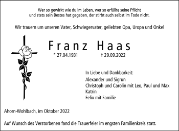 Traueranzeige von Franz Haas von Neue Presse Coburg