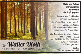 Traueranzeige von Walter Uloth von Südthüringer Presse