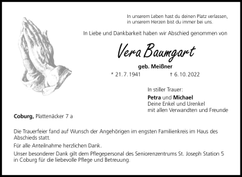 Traueranzeige von Vera Baumgart von Neue Presse Coburg