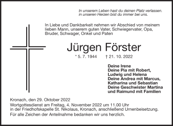 Traueranzeige von Jürgen Förster von Neue Presse Coburg
